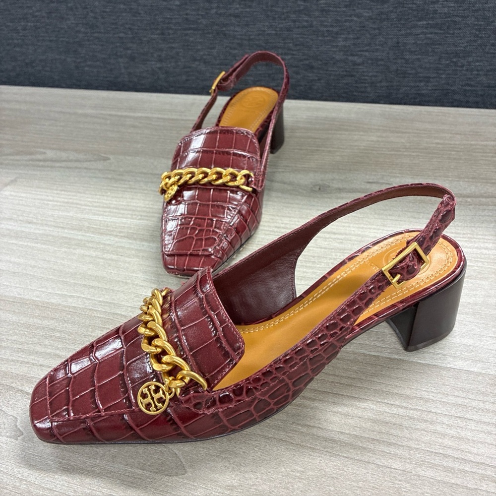 Tory Burch Mini Benton Charm Slingback Loafers, Burgundy Crocodile Embossed Sz 6